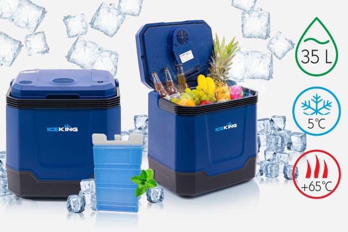 LODÓWKA TURYSTYCZNA IK-17-35L 35 L Z FUNKCJĄ GRZANIA DO +65° 12V USB 5V GŁOŚNIK BLUETOOTH NIEBIESKA + GRATIS