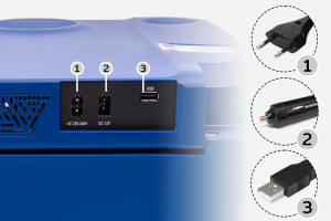 LODÓWKA TURYSTYCZNA IK-17-35L 35 L Z FUNKCJĄ GRZANIA DO +65° 12V USB 5V GŁOŚNIK BLUETOOTH NIEBIESKA + GRATIS