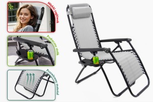 SKŁADANY LEŻAK Z PODNÓŻKIEM, ZAGŁÓWKIEM I STOLIKIEM NA NAPOJE SZARY