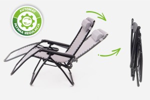 SKŁADANY LEŻAK Z PODNÓŻKIEM, ZAGŁÓWKIEM I STOLIKIEM NA NAPOJE SZARY