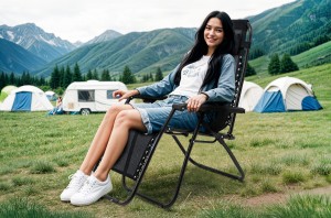 SKŁADANY LEŻAK Z PODNÓŻKIEM, ZAGŁÓWKIEM I STOLIKIEM NA NAPOJE CZARNY