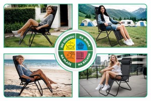 SKŁADANY LEŻAK Z PODNÓŻKIEM, ZAGŁÓWKIEM I STOLIKIEM NA NAPOJE CZARNY