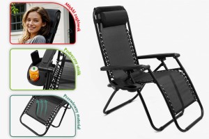 SKŁADANY LEŻAK Z PODNÓŻKIEM, ZAGŁÓWKIEM I STOLIKIEM NA NAPOJE CZARNY