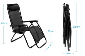 SKŁADANY LEŻAK Z PODNÓŻKIEM, ZAGŁÓWKIEM I STOLIKIEM NA NAPOJE CZARNY