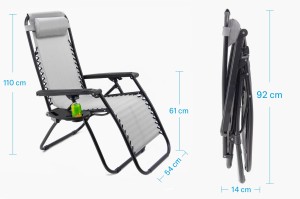 SKŁADANY LEŻAK Z PODNÓŻKIEM, ZAGŁÓWKIEM I STOLIKIEM NA NAPOJE SZARY