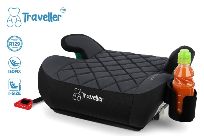 FOTELIK SAMOCHODOWY PODKŁADKA SIEDZISKO Z ISOFIX CZARNO-SZARY PIKOWANY R129 125-150 CM