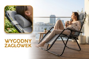 SKŁADANY LEŻAK Z PODNÓŻKIEM, ZAGŁÓWKIEM I STOLIKIEM NA NAPOJE SZARY