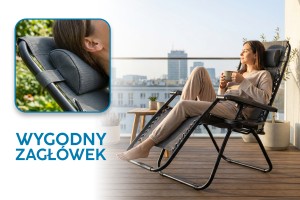 SKŁADANY LEŻAK Z PODNÓŻKIEM ZAGŁÓWKIEM I STOLIKIEM NA NAPOJE CIEMNOSZARY