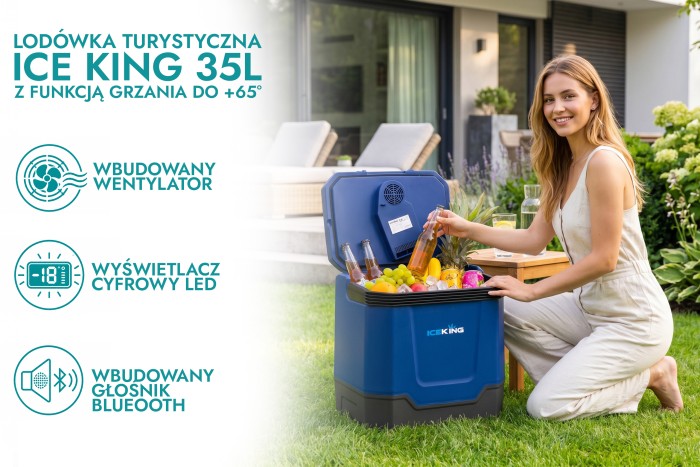 LODÓWKA TURYSTYCZNA IK-17-35L 35 L Z FUNKCJĄ GRZANIA DO +65° 12V USB 5V GŁOŚNIK BLUETOOTH NIEBIESKA + GRATIS