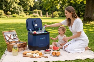LODÓWKA TURYSTYCZNA IK-17-35L 35 L Z FUNKCJĄ GRZANIA DO +65° 12V USB 5V GŁOŚNIK BLUETOOTH NIEBIESKA + GRATIS
