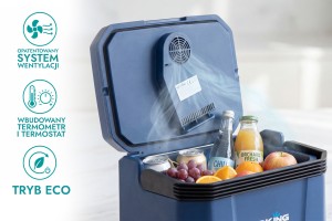 LODÓWKA TURYSTYCZNA IK-17-35L 35 L Z FUNKCJĄ GRZANIA DO +65° 12V USB 5V GŁOŚNIK BLUETOOTH NIEBIESKA + GRATIS