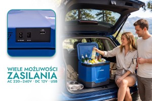 LODÓWKA TURYSTYCZNA IK-17-35L 35 L Z FUNKCJĄ GRZANIA DO +65° 12V USB 5V GŁOŚNIK BLUETOOTH NIEBIESKA + GRATIS