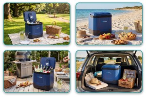 LODÓWKA TURYSTYCZNA IK-17-35L 35 L Z FUNKCJĄ GRZANIA DO +65° 12V USB 5V GŁOŚNIK BLUETOOTH NIEBIESKA + GRATIS
